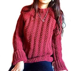 J. Crew Women's Knit By Hand Chunky Trend Knit Pullover Sweater Burgundy Red XS